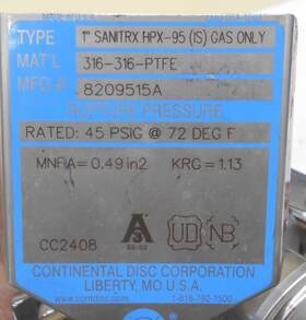 8209515a Continental Mfg# 1 Inch Sanitrx Hpx-95 Is Rupture Disc Gas Only
