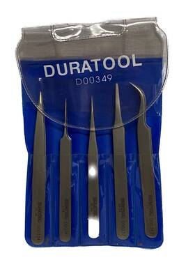 D00349 Duratool 5-piece Assorted Precision Ss Tweezer Set In Plastic Pouch