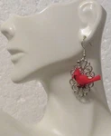 Red Cardinal Bird - Silver Oval Filigree Background Earrings 1/2" Hook Dangle. Fixed Price $8.29.