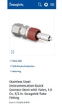 Swagelok SS-QC8-D-810 Quick Connect Stem With Valve, 1.5 Cv, 1/2 Tube Fitting. Fixed Price $29.00.