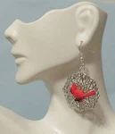 Red Cardinal Bird - Silver Filigree Background Earrings 2" Hook Dangle. Fixed Price $8.29.