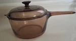 Visions Corning Pyrex Cookware 2.5 Large Glass Amber Pot W/ Lid. Fixed Price $39.95.